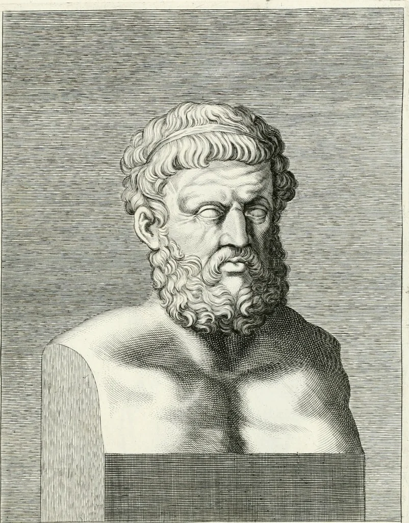 An illustration from Veterum illustrium philosophorum, poetarum, rhetorum, et oratorum imagines : ex vetustis nummis, gemmis, hermis, marmoribus, alijsque antiquis monumentis desumptae, 1685, leaf 154