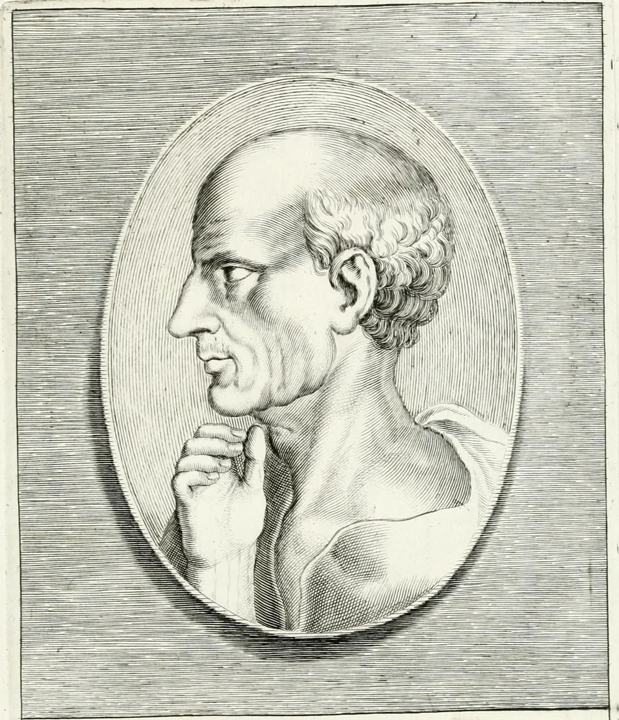 An illustration from Veterum illustrium philosophorum, poetarum, rhetorum, et oratorum imagines : ex vetustis nummis, gemmis, hermis, marmoribus, alijsque antiquis monumentis desumptae, 1685, leaf 16
