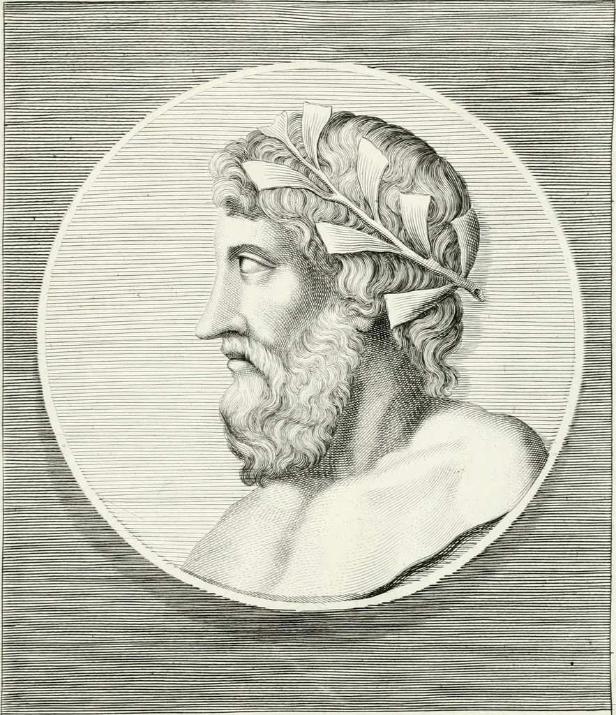 An illustration from Veterum illustrium philosophorum, poetarum, rhetorum, et oratorum imagines : ex vetustis nummis, gemmis, hermis, marmoribus, alijsque antiquis monumentis desumptae, 1685, leaf 168