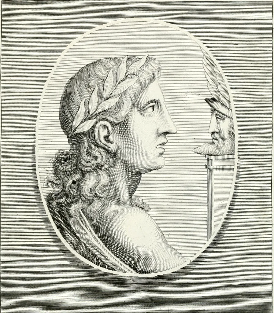 An illustration from Veterum illustrium philosophorum, poetarum, rhetorum, et oratorum imagines : ex vetustis nummis, gemmis, hermis, marmoribus, alijsque antiquis monumentis desumptae, 1685, leaf 170