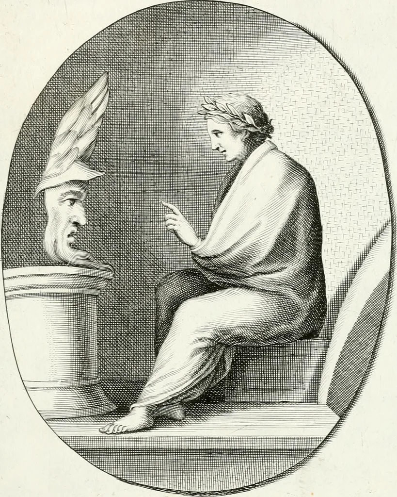 An illustration from Veterum illustrium philosophorum, poetarum, rhetorum, et oratorum imagines : ex vetustis nummis, gemmis, hermis, marmoribus, alijsque antiquis monumentis desumptae, 1685, leaf 172