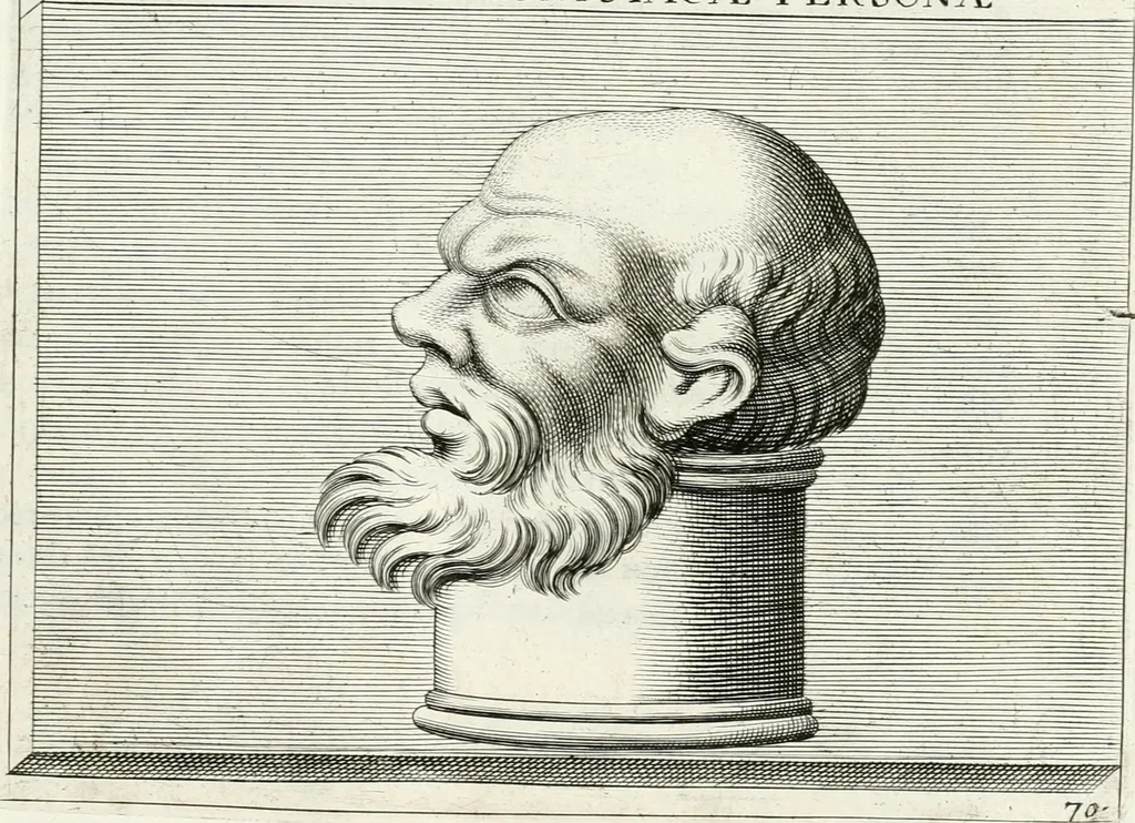 An illustration from Veterum illustrium philosophorum, poetarum, rhetorum, et oratorum imagines : ex vetustis nummis, gemmis, hermis, marmoribus, alijsque antiquis monumentis desumptae, 1685, leaf 176
