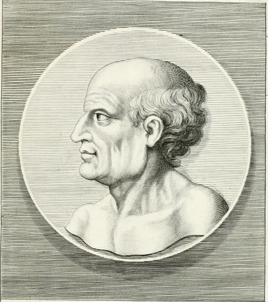 An illustration from Veterum illustrium philosophorum, poetarum, rhetorum, et oratorum imagines : ex vetustis nummis, gemmis, hermis, marmoribus, alijsque antiquis monumentis desumptae, 1685, leaf 204