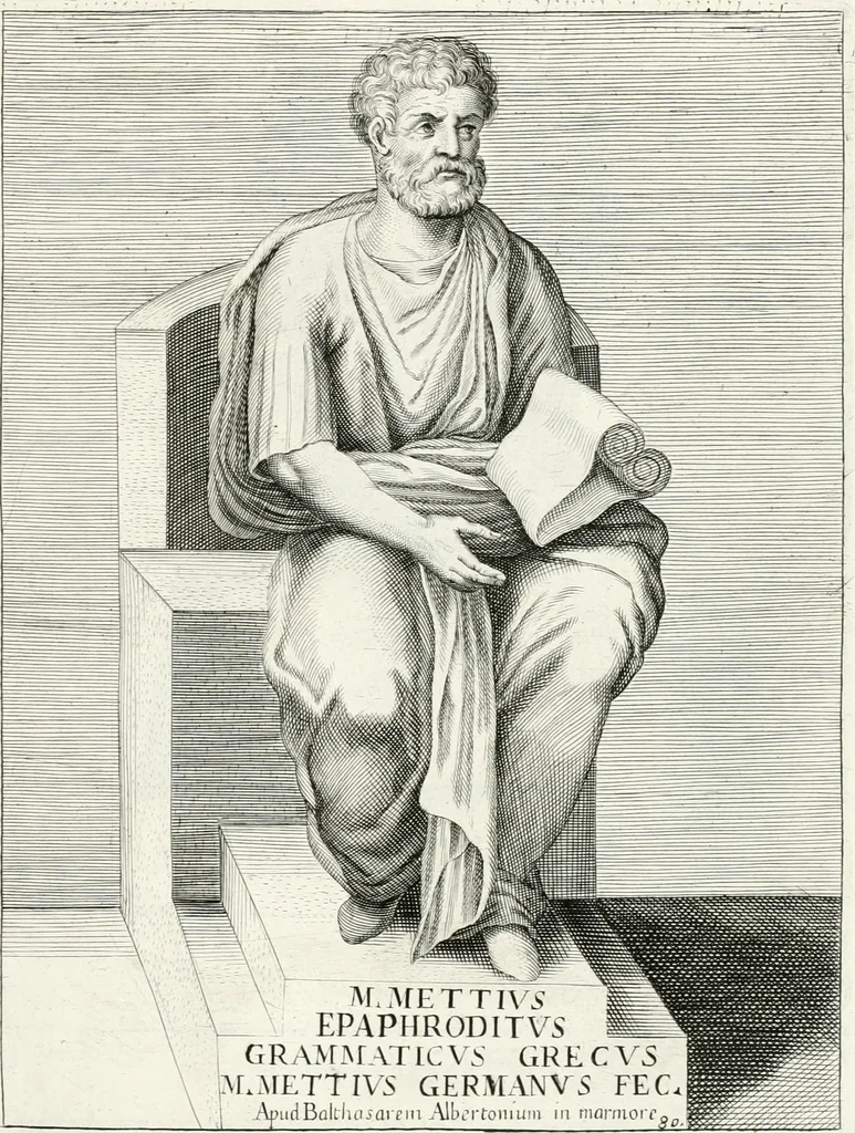 An illustration from Veterum illustrium philosophorum, poetarum, rhetorum, et oratorum imagines : ex vetustis nummis, gemmis, hermis, marmoribus, alijsque antiquis monumentis desumptae, 1685, leaf 214