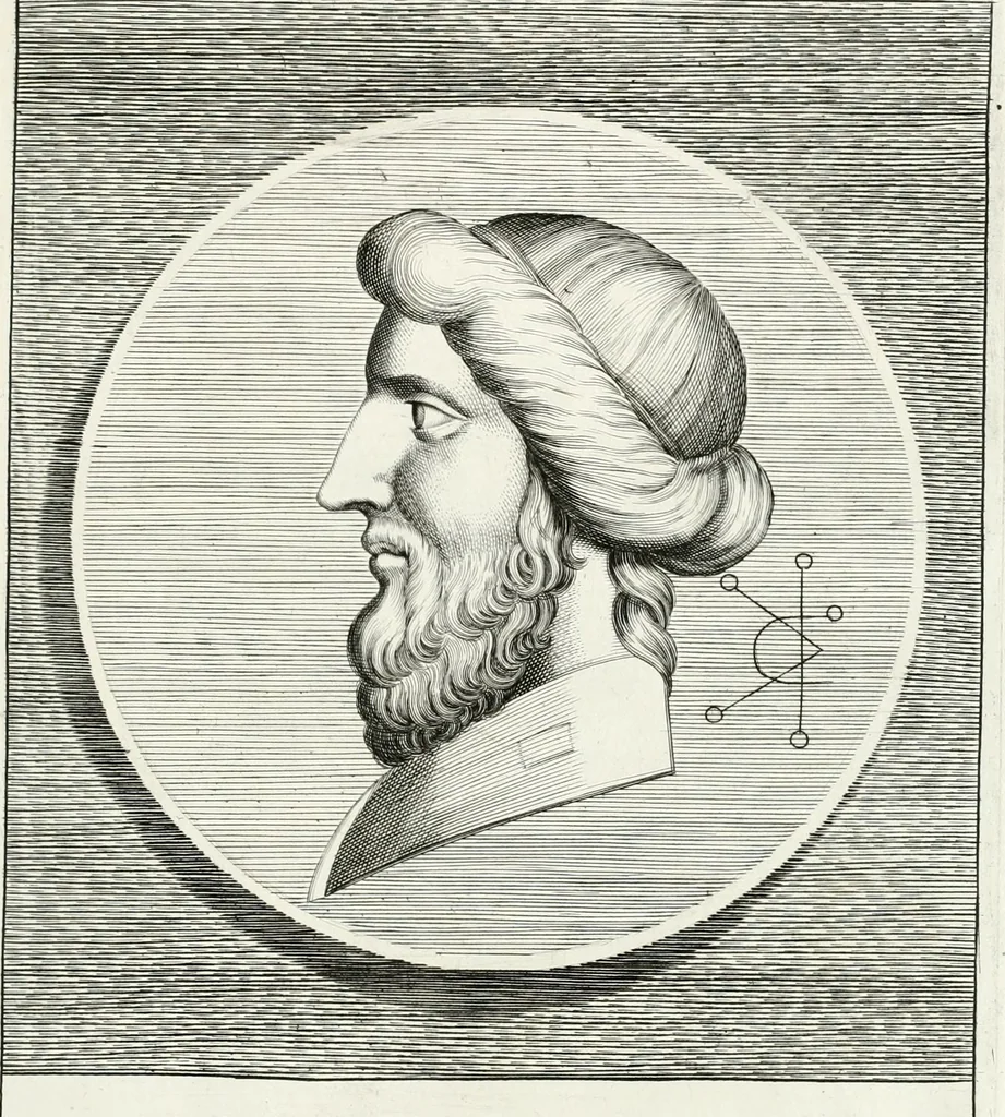 An illustration from Veterum illustrium philosophorum, poetarum, rhetorum, et oratorum imagines : ex vetustis nummis, gemmis, hermis, marmoribus, alijsque antiquis monumentis desumptae, 1685, leaf 22