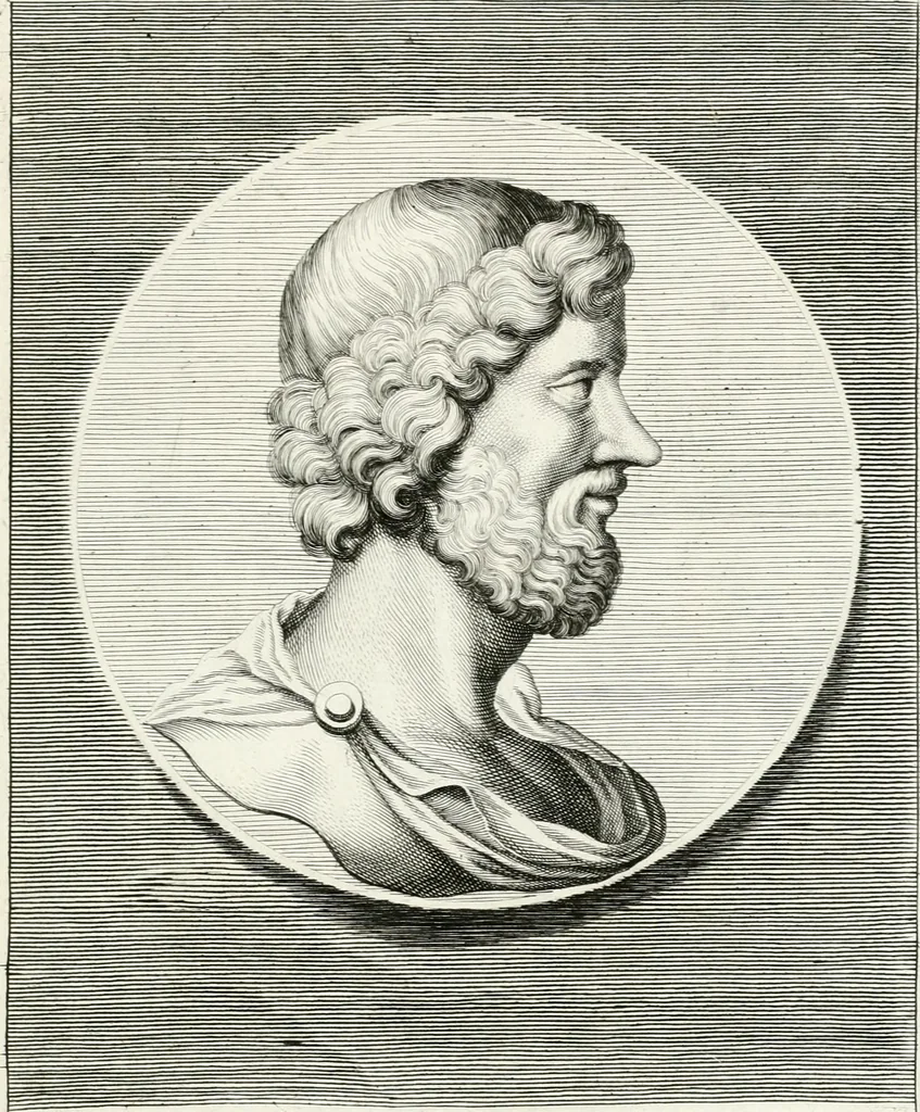 An illustration from Veterum illustrium philosophorum, poetarum, rhetorum, et oratorum imagines : ex vetustis nummis, gemmis, hermis, marmoribus, alijsque antiquis monumentis desumptae, 1685, leaf 24