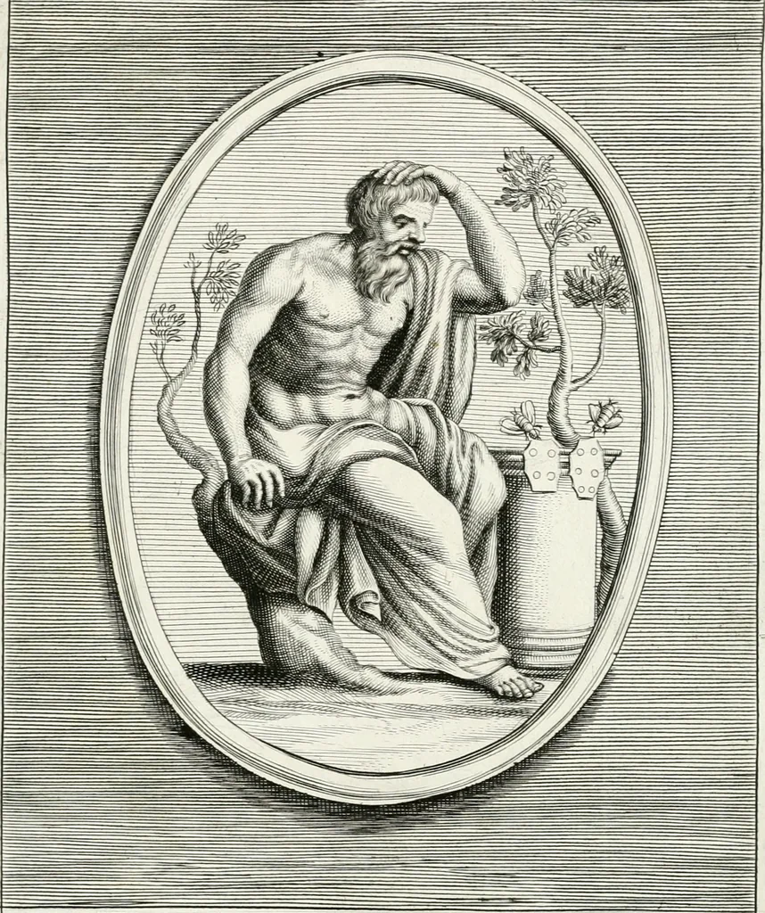 An illustration from Veterum illustrium philosophorum, poetarum, rhetorum, et oratorum imagines : ex vetustis nummis, gemmis, hermis, marmoribus, alijsque antiquis monumentis desumptae, 1685, leaf 26
