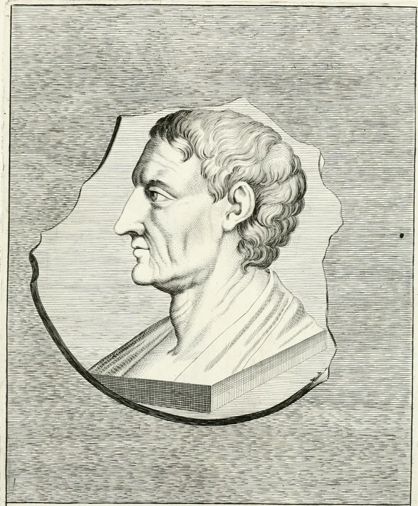 An illustration from Veterum illustrium philosophorum, poetarum, rhetorum, et oratorum imagines : ex vetustis nummis, gemmis, hermis, marmoribus, alijsque antiquis monumentis desumptae, 1685, leaf 28