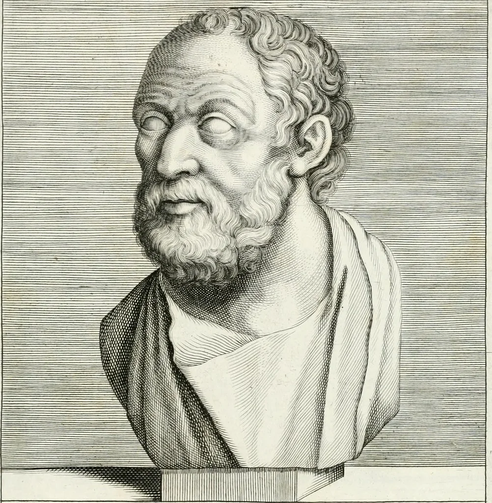 An illustration from Veterum illustrium philosophorum, poetarum, rhetorum, et oratorum imagines : ex vetustis nummis, gemmis, hermis, marmoribus, alijsque antiquis monumentis desumptae, 1685, leaf 34