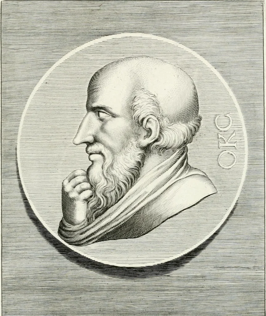 An illustration from Veterum illustrium philosophorum, poetarum, rhetorum, et oratorum imagines : ex vetustis nummis, gemmis, hermis, marmoribus, alijsque antiquis monumentis desumptae, 1685, leaf 38