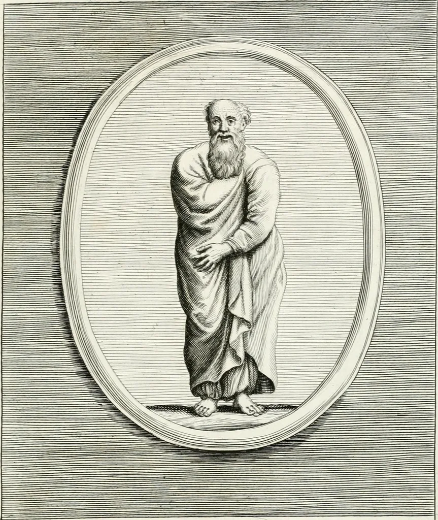 An illustration from Veterum illustrium philosophorum, poetarum, rhetorum, et oratorum imagines : ex vetustis nummis, gemmis, hermis, marmoribus, alijsque antiquis monumentis desumptae, 1685, leaf 40