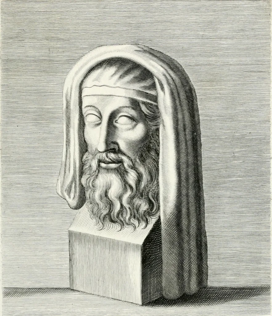 An illustration from Veterum illustrium philosophorum, poetarum, rhetorum, et oratorum imagines : ex vetustis nummis, gemmis, hermis, marmoribus, alijsque antiquis monumentis desumptae, 1685, leaf 42