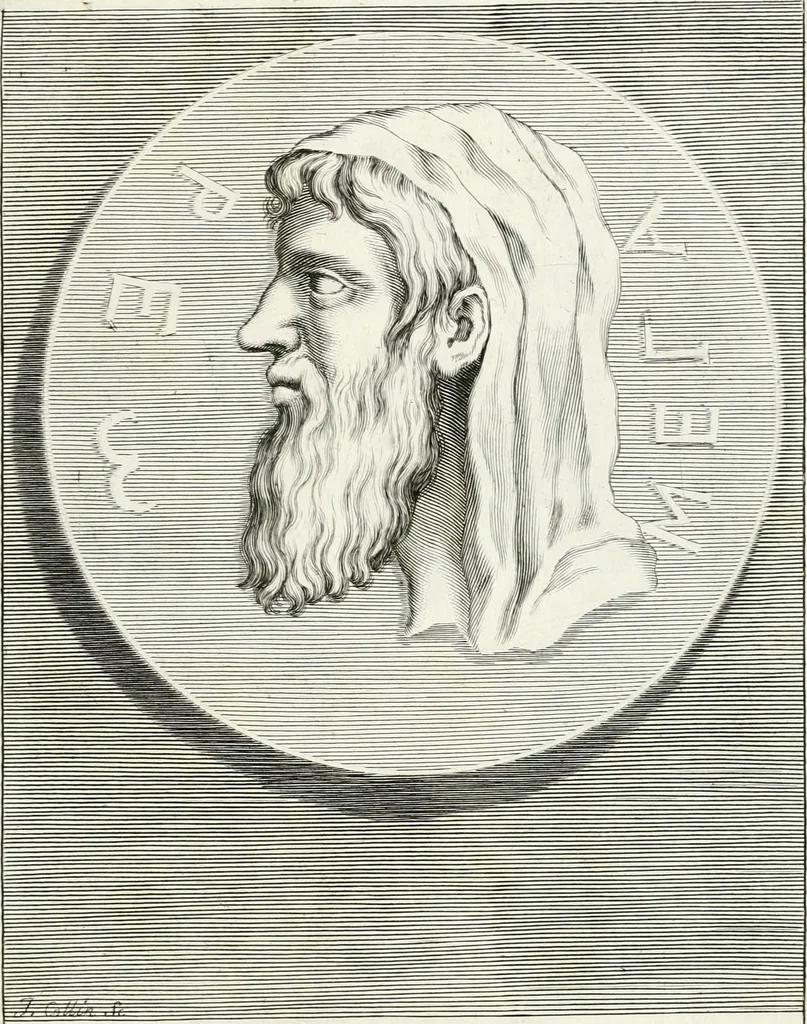 An illustration from Veterum illustrium philosophorum, poetarum, rhetorum, et oratorum imagines : ex vetustis nummis, gemmis, hermis, marmoribus, alijsque antiquis monumentis desumptae, 1685, leaf 46