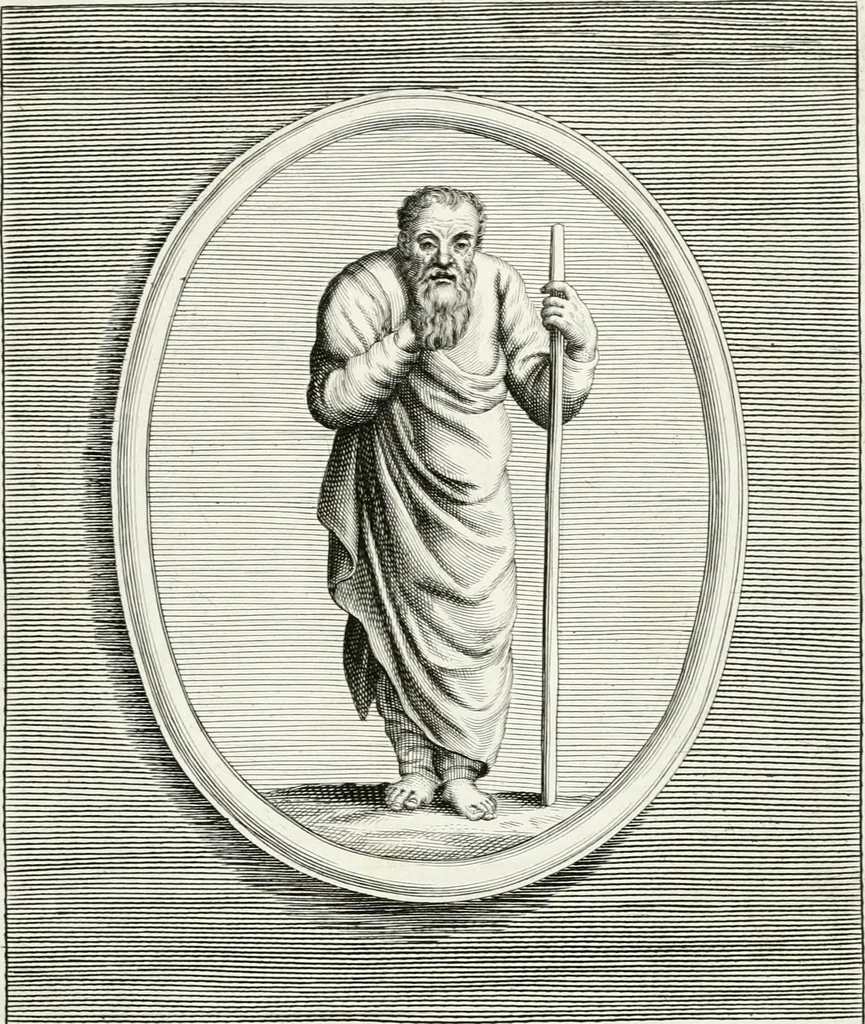 An illustration from Veterum illustrium philosophorum, poetarum, rhetorum, et oratorum imagines : ex vetustis nummis, gemmis, hermis, marmoribus, alijsque antiquis monumentis desumptae, 1685, leaf 50