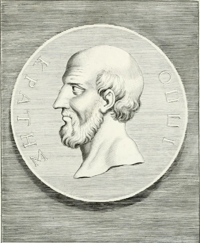 An illustration from Veterum illustrium philosophorum, poetarum, rhetorum, et oratorum imagines : ex vetustis nummis, gemmis, hermis, marmoribus, alijsque antiquis monumentis desumptae, 1685, leaf 52