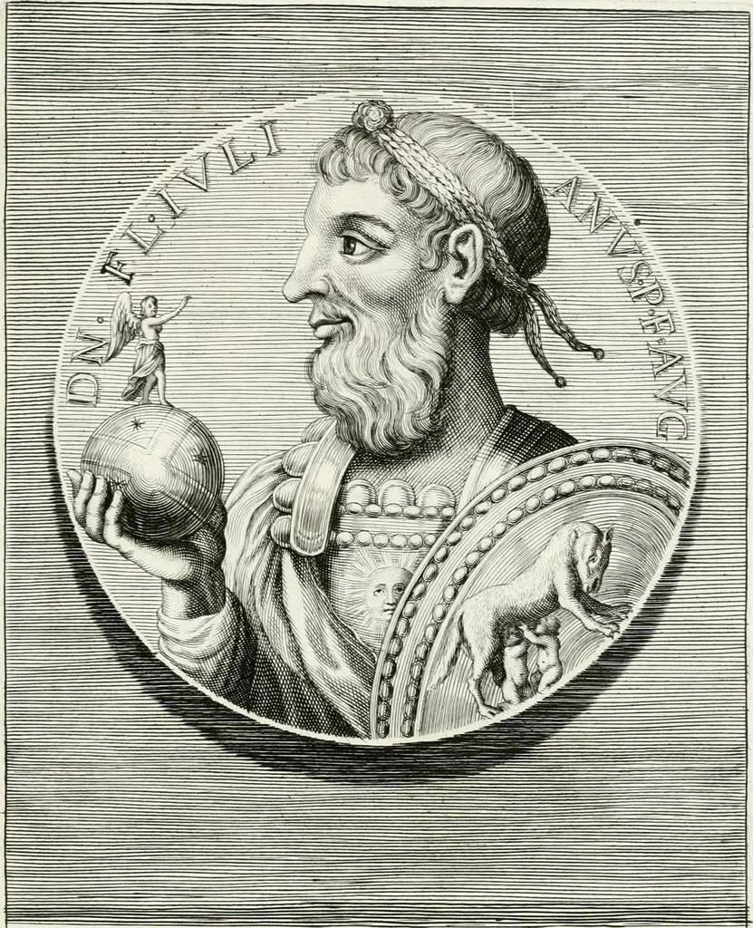 An illustration from Veterum illustrium philosophorum, poetarum, rhetorum, et oratorum imagines : ex vetustis nummis, gemmis, hermis, marmoribus, alijsque antiquis monumentis desumptae, 1685, leaf 56