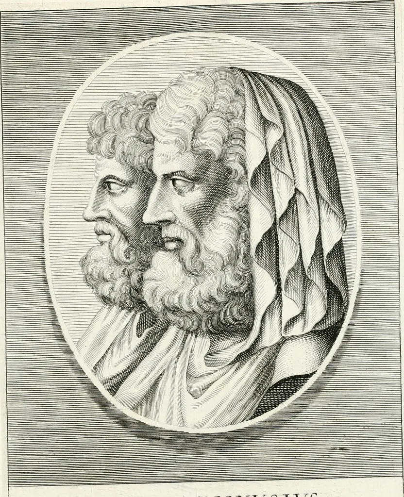 An illustration from Veterum illustrium philosophorum, poetarum, rhetorum, et oratorum imagines : ex vetustis nummis, gemmis, hermis, marmoribus, alijsque antiquis monumentis desumptae, 1685, leaf 58
