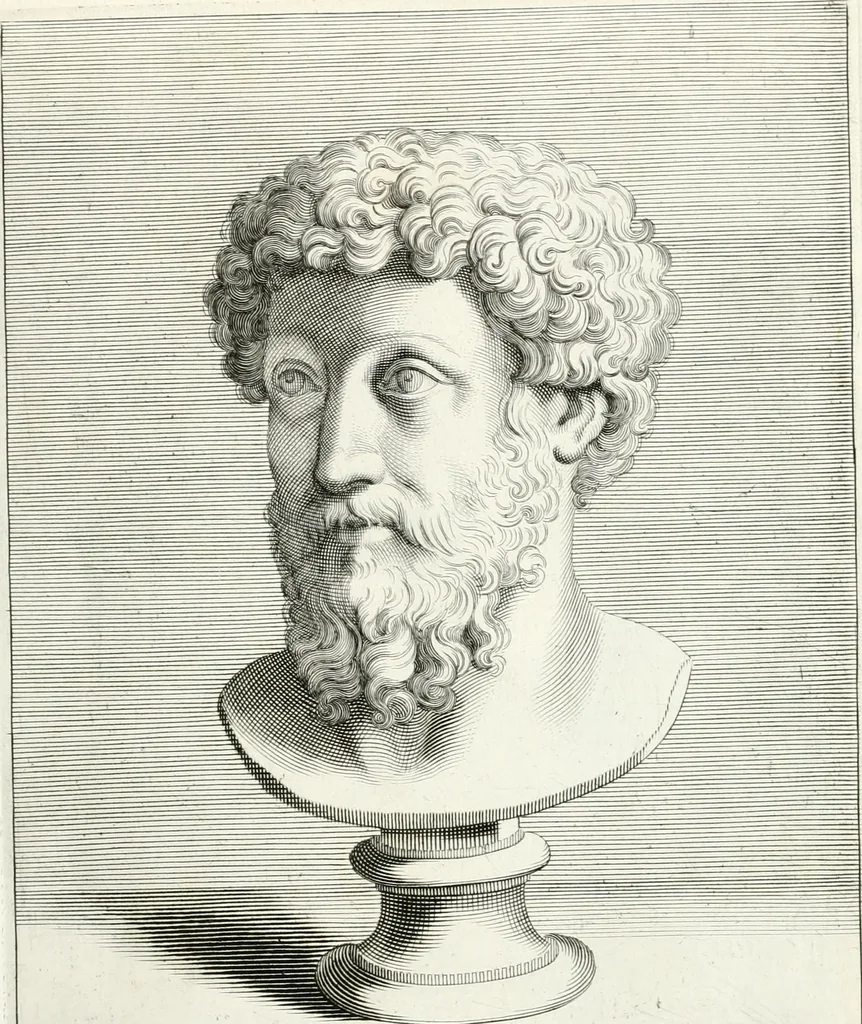 An illustration from Veterum illustrium philosophorum, poetarum, rhetorum, et oratorum imagines : ex vetustis nummis, gemmis, hermis, marmoribus, alijsque antiquis monumentis desumptae, 1685, leaf 60