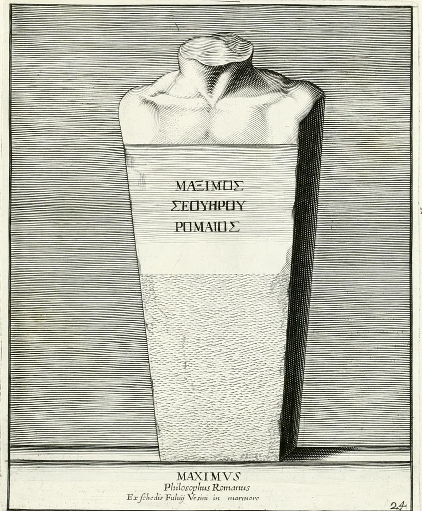 An illustration from Veterum illustrium philosophorum, poetarum, rhetorum, et oratorum imagines : ex vetustis nummis, gemmis, hermis, marmoribus, alijsque antiquis monumentis desumptae, 1685, leaf 62
