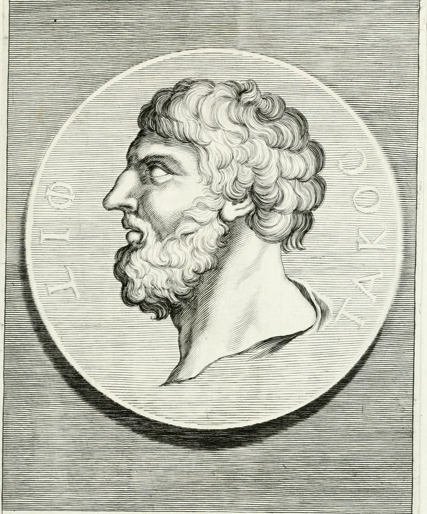An illustration from Veterum illustrium philosophorum, poetarum, rhetorum, et oratorum imagines : ex vetustis nummis, gemmis, hermis, marmoribus, alijsque antiquis monumentis desumptae, 1685, leaf 66