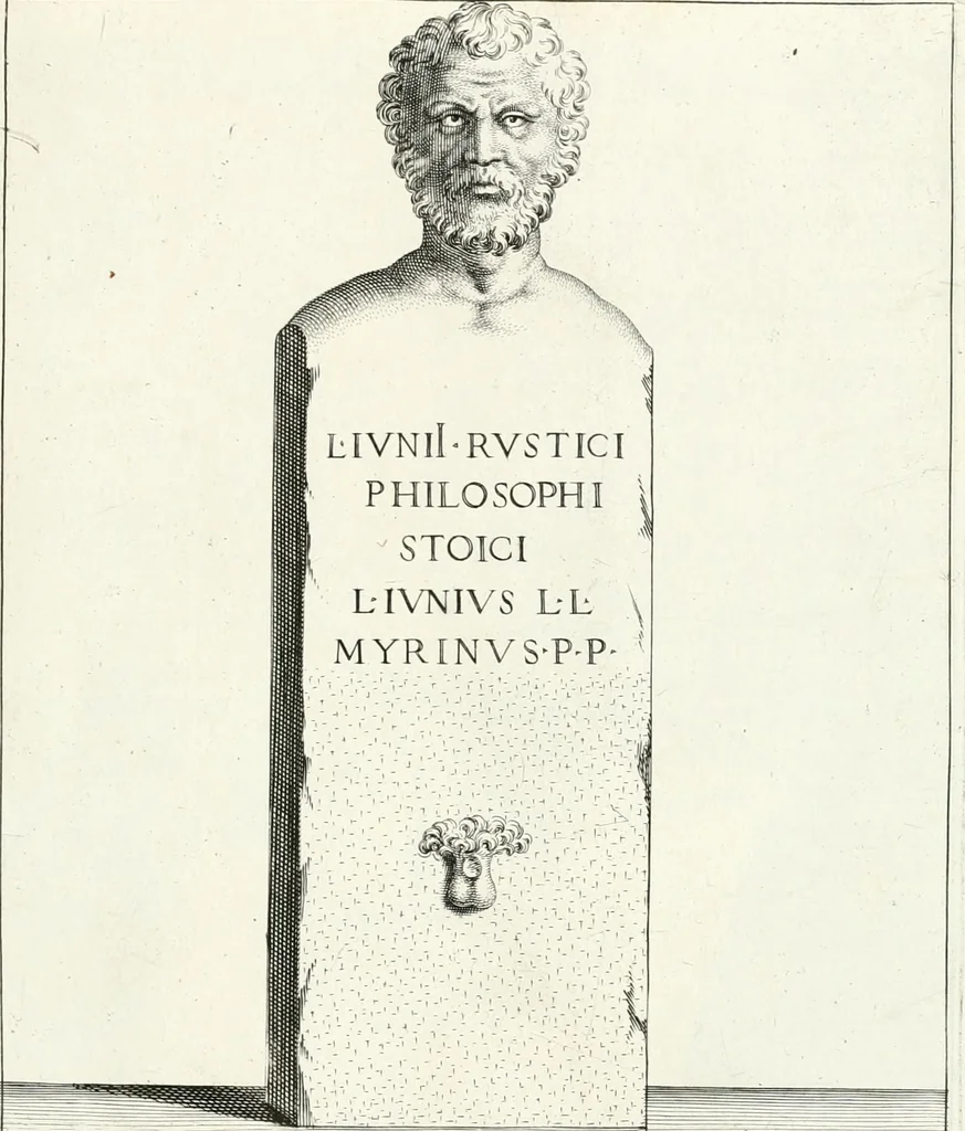 An illustration from Veterum illustrium philosophorum, poetarum, rhetorum, et oratorum imagines : ex vetustis nummis, gemmis, hermis, marmoribus, alijsque antiquis monumentis desumptae, 1685, leaf 76