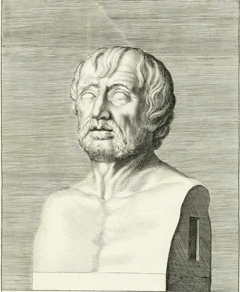 An illustration from Veterum illustrium philosophorum, poetarum, rhetorum, et oratorum imagines : ex vetustis nummis, gemmis, hermis, marmoribus, alijsque antiquis monumentis desumptae, 1685, leaf 78
