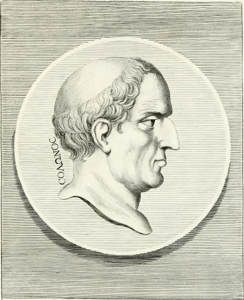 An illustration from Veterum illustrium philosophorum, poetarum, rhetorum, et oratorum imagines : ex vetustis nummis, gemmis, hermis, marmoribus, alijsque antiquis monumentis desumptae, 1685, leaf 80