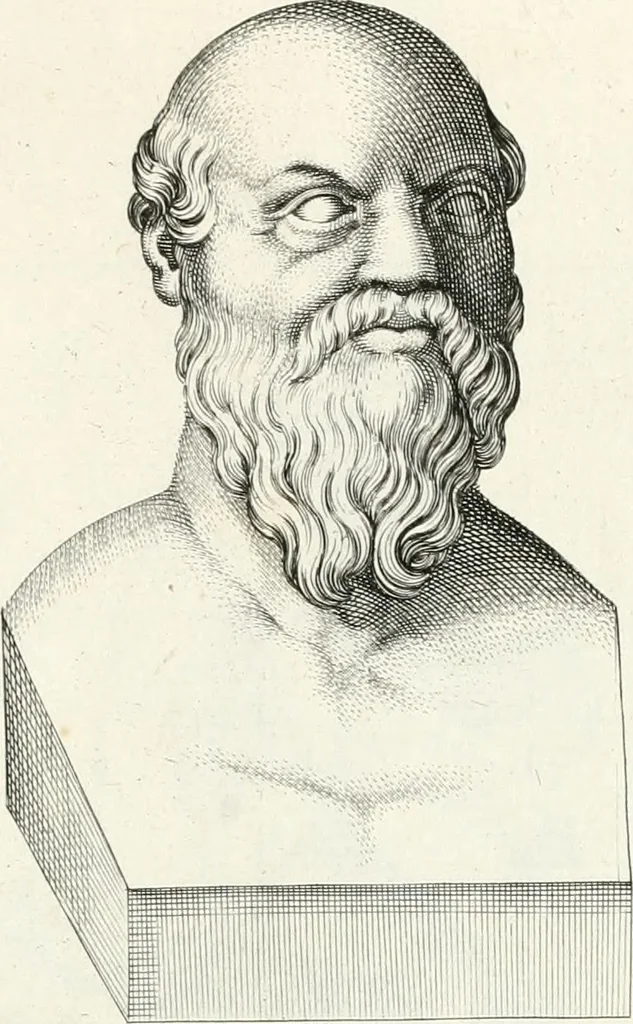 An illustration from Veterum illustrium philosophorum, poetarum, rhetorum, et oratorum imagines : ex vetustis nummis, gemmis, hermis, marmoribus, alijsque antiquis monumentis desumptae, 1685, leaf 82