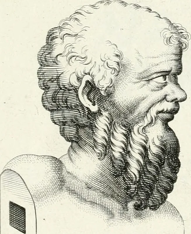 An illustration from Veterum illustrium philosophorum, poetarum, rhetorum, et oratorum imagines : ex vetustis nummis, gemmis, hermis, marmoribus, alijsque antiquis monumentis desumptae, 1685, leaf 82