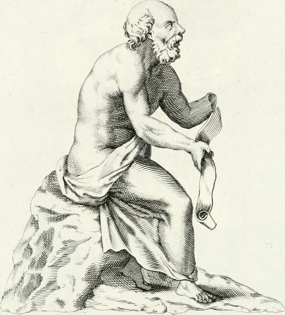 An illustration from Veterum illustrium philosophorum, poetarum, rhetorum, et oratorum imagines : ex vetustis nummis, gemmis, hermis, marmoribus, alijsque antiquis monumentis desumptae, 1685, leaf 84
