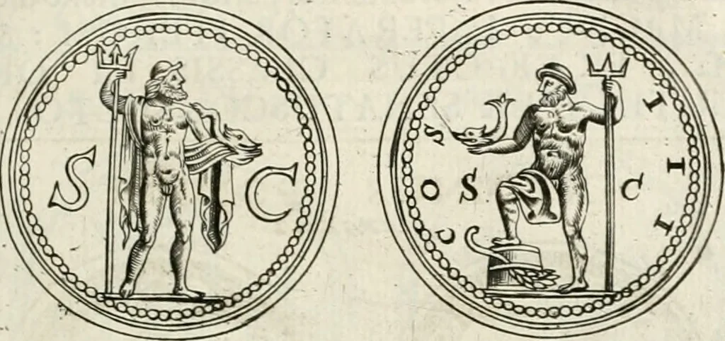An illustration from Veterum Romanorum Religio castrametatio, disciplina militaris ut & balneae ex antiquis numismatibus & lapidibus demonstrata, 1686, leaf 100