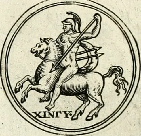 An illustration from Veterum Romanorum Religio castrametatio, disciplina militaris ut & balneae ex antiquis numismatibus & lapidibus demonstrata, 1686, leaf 103