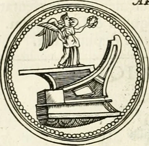 An illustration from Veterum Romanorum Religio castrametatio, disciplina militaris ut & balneae ex antiquis numismatibus & lapidibus demonstrata, 1686, leaf 105