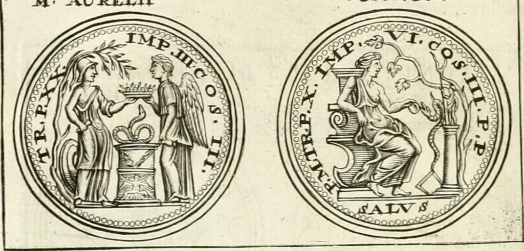 An illustration from Veterum Romanorum Religio castrametatio, disciplina militaris ut & balneae ex antiquis numismatibus & lapidibus demonstrata, 1686, leaf 111