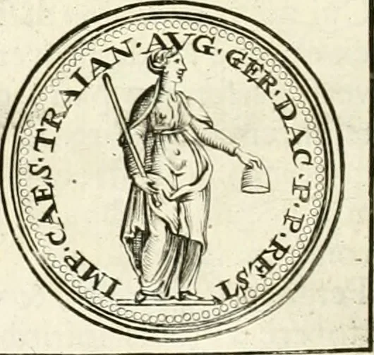 An illustration from Veterum Romanorum Religio castrametatio, disciplina militaris ut & balneae ex antiquis numismatibus & lapidibus demonstrata, 1686, leaf 113