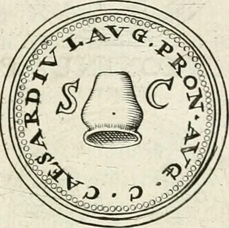 An illustration from Veterum Romanorum Religio castrametatio, disciplina militaris ut & balneae ex antiquis numismatibus & lapidibus demonstrata, 1686, leaf 114