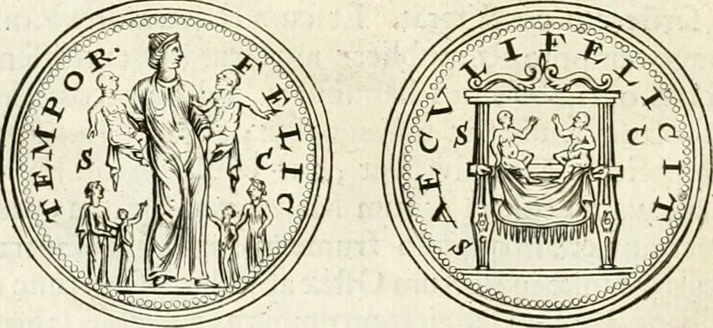 An illustration from Veterum Romanorum Religio castrametatio, disciplina militaris ut & balneae ex antiquis numismatibus & lapidibus demonstrata, 1686, leaf 115
