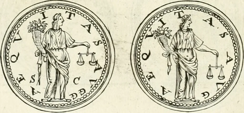 An illustration from Veterum Romanorum Religio castrametatio, disciplina militaris ut & balneae ex antiquis numismatibus & lapidibus demonstrata, 1686, leaf 117