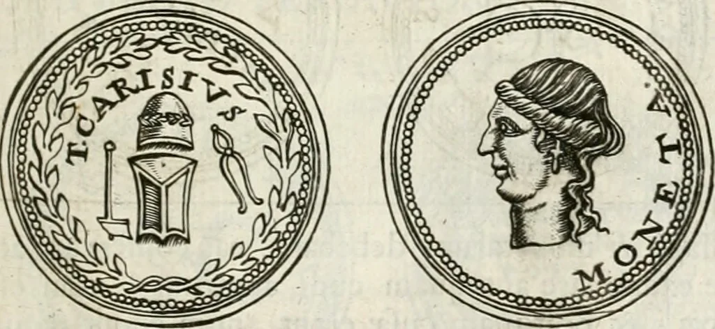 An illustration from Veterum Romanorum Religio castrametatio, disciplina militaris ut & balneae ex antiquis numismatibus & lapidibus demonstrata, 1686, leaf 118