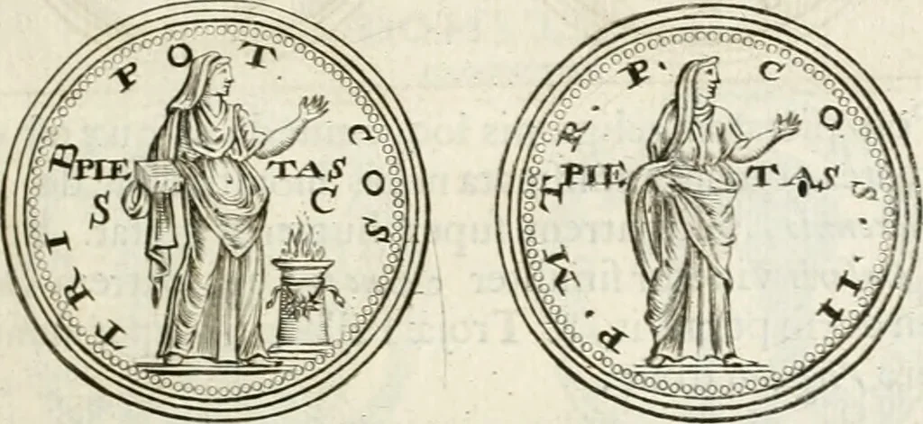 An illustration from Veterum Romanorum Religio castrametatio, disciplina militaris ut & balneae ex antiquis numismatibus & lapidibus demonstrata, 1686, leaf 124
