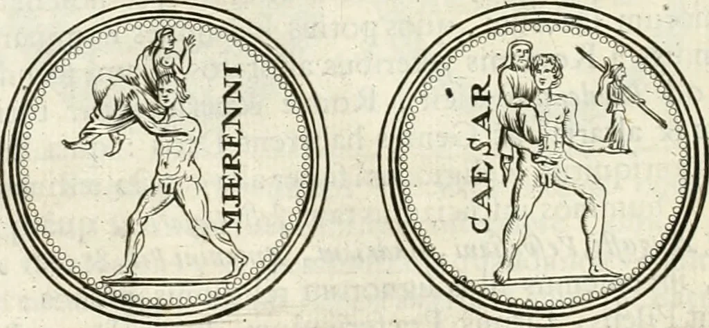 An illustration from Veterum Romanorum Religio castrametatio, disciplina militaris ut & balneae ex antiquis numismatibus & lapidibus demonstrata, 1686, leaf 125