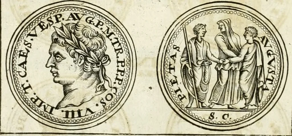 An illustration from Veterum Romanorum Religio castrametatio, disciplina militaris ut & balneae ex antiquis numismatibus & lapidibus demonstrata, 1686, leaf 127