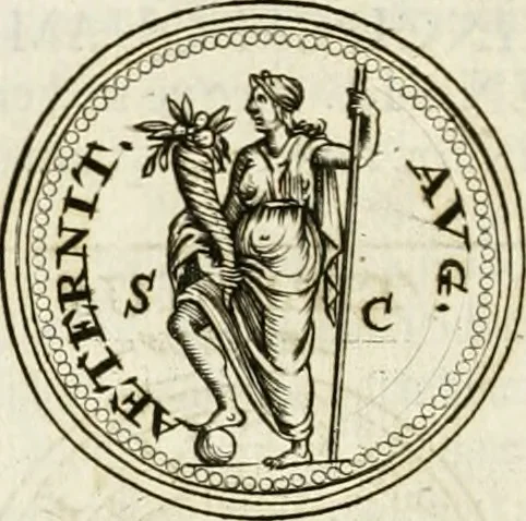 An illustration from Veterum Romanorum Religio castrametatio, disciplina militaris ut & balneae ex antiquis numismatibus & lapidibus demonstrata, 1686, leaf 129