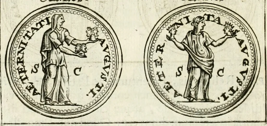 An illustration from Veterum Romanorum Religio castrametatio, disciplina militaris ut & balneae ex antiquis numismatibus & lapidibus demonstrata, 1686, leaf 129