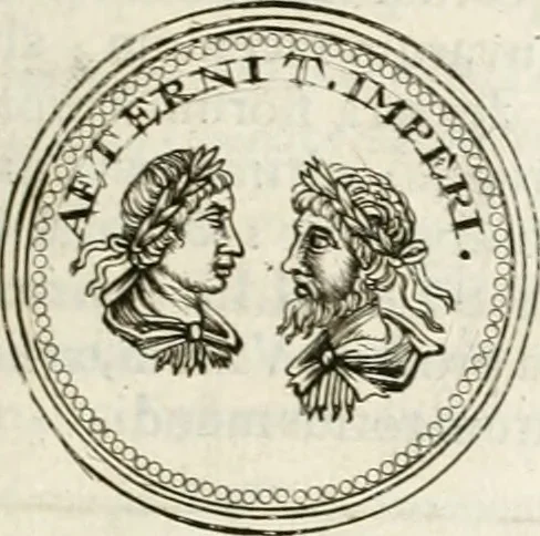 An illustration from Veterum Romanorum Religio castrametatio, disciplina militaris ut & balneae ex antiquis numismatibus & lapidibus demonstrata, 1686, leaf 130
