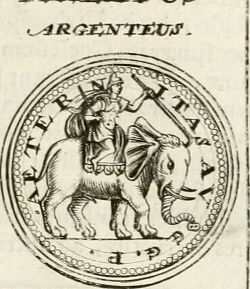 An illustration from Veterum Romanorum Religio castrametatio, disciplina militaris ut & balneae ex antiquis numismatibus & lapidibus demonstrata, 1686, leaf 130