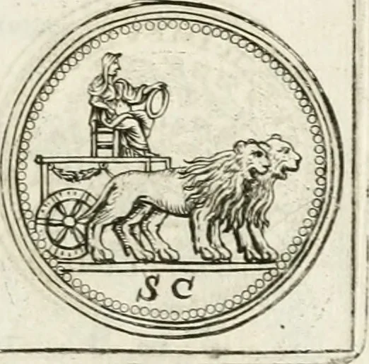 An illustration from Veterum Romanorum Religio castrametatio, disciplina militaris ut & balneae ex antiquis numismatibus & lapidibus demonstrata, 1686, leaf 130