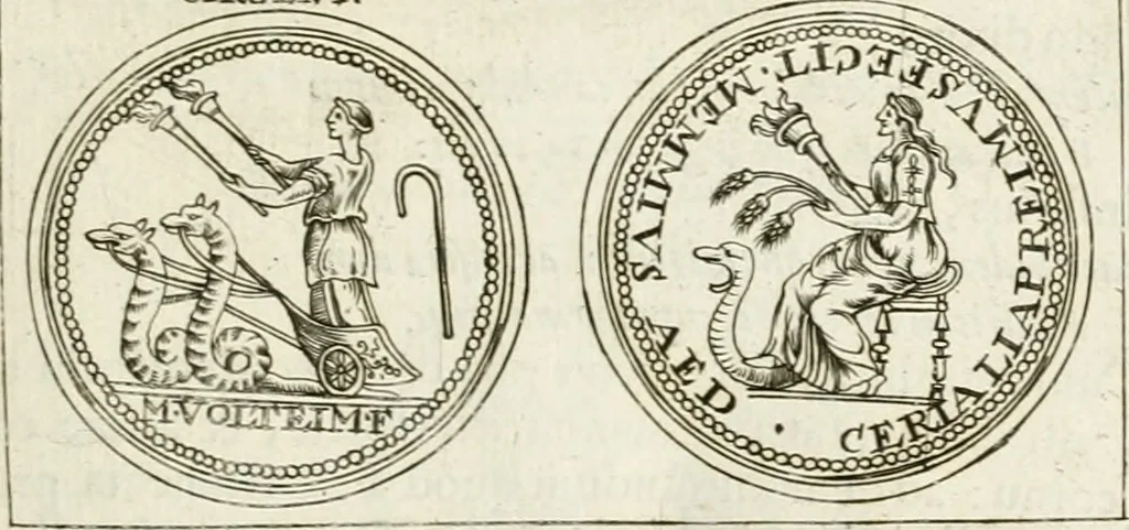 An illustration from Veterum Romanorum Religio castrametatio, disciplina militaris ut & balneae ex antiquis numismatibus & lapidibus demonstrata, 1686, leaf 132