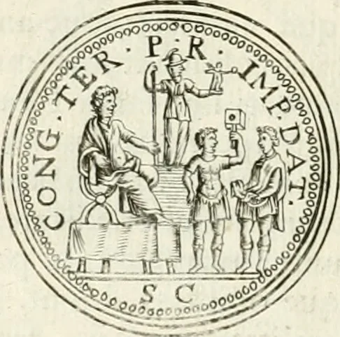 An illustration from Veterum Romanorum Religio castrametatio, disciplina militaris ut & balneae ex antiquis numismatibus & lapidibus demonstrata, 1686, leaf 139