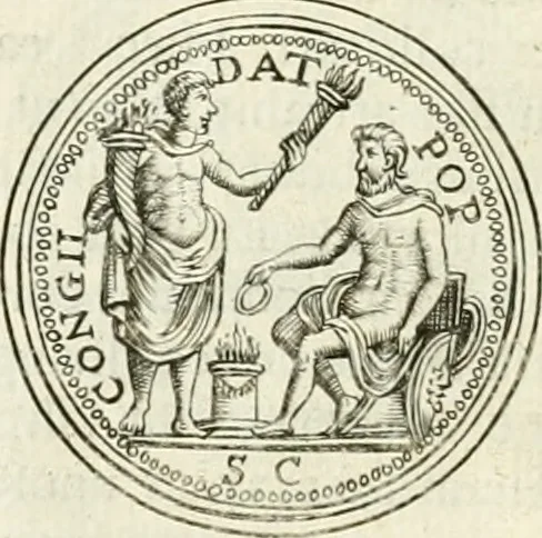 An illustration from Veterum Romanorum Religio castrametatio, disciplina militaris ut & balneae ex antiquis numismatibus & lapidibus demonstrata, 1686, leaf 139